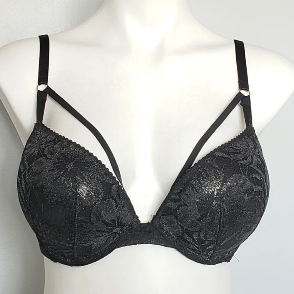 Victoria's Secret Black Metallic Lace Bombshell Plunge Pushup Bra Strappy 36C